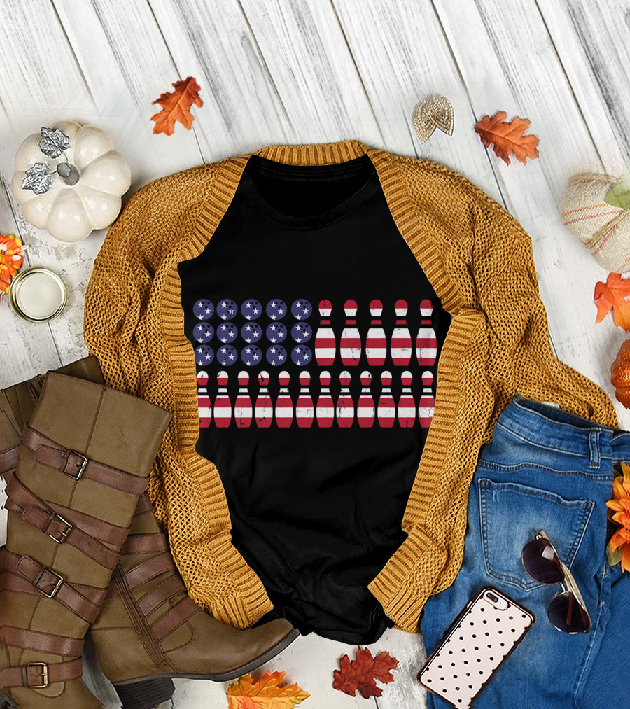 American Flag Bowling Balls Pins Patriotic T-Shirt