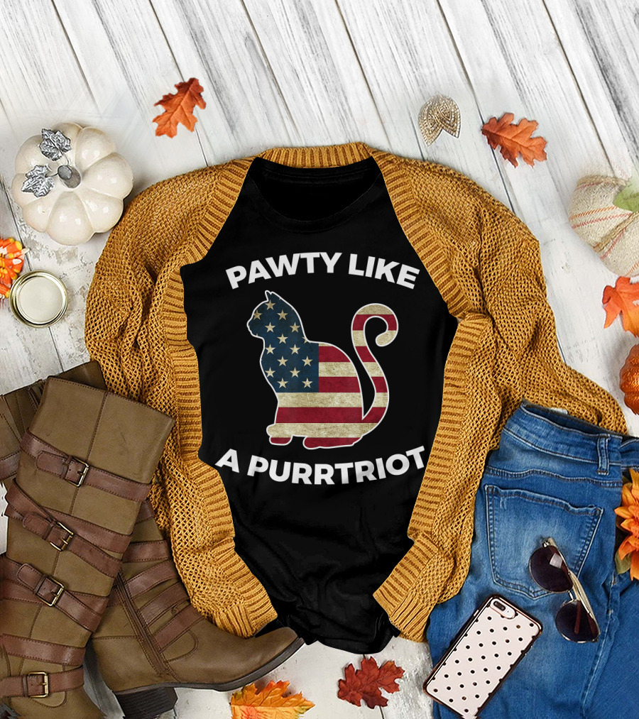Pawty Like A Purrtriot American Flag Cat Lover T-Shirt