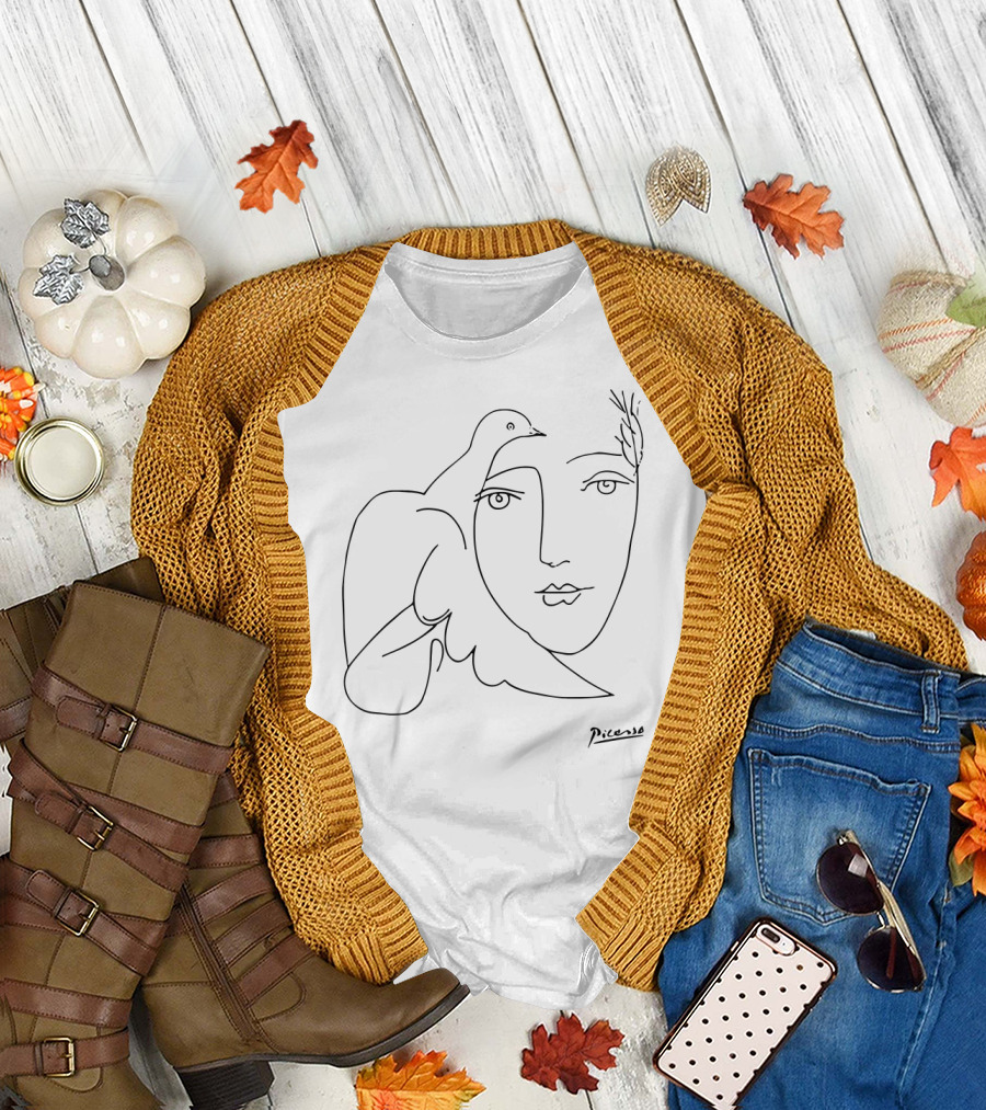 Peace Dove and Face Picasso Line Drawing T-Shirt