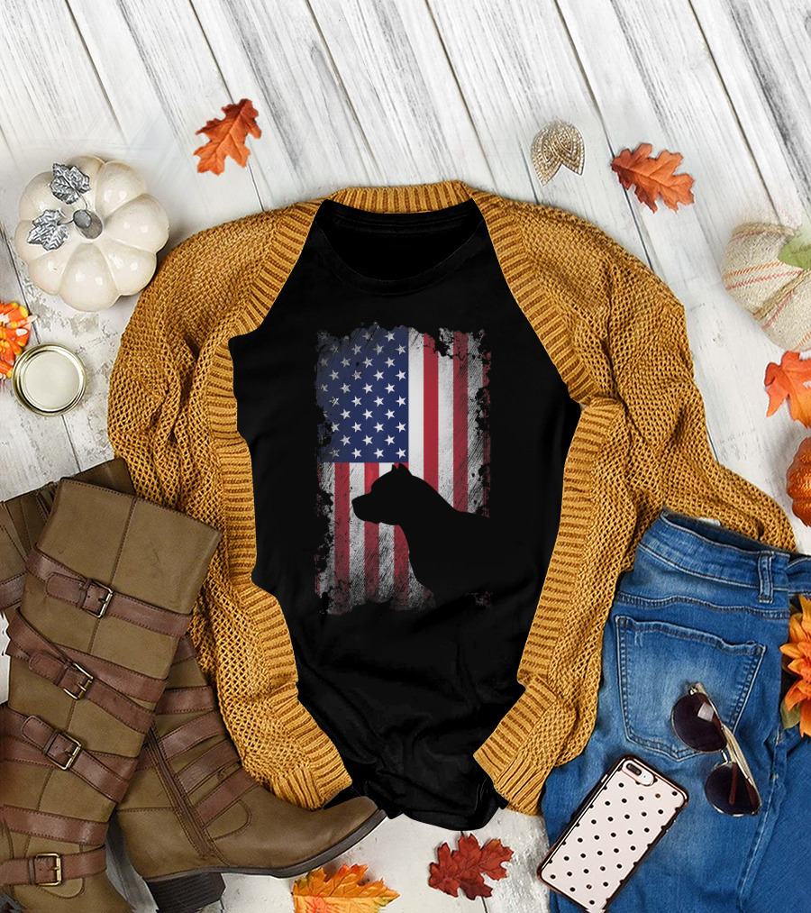 Pitbull Silhouette American Flag USA Patriotic T-Shirt