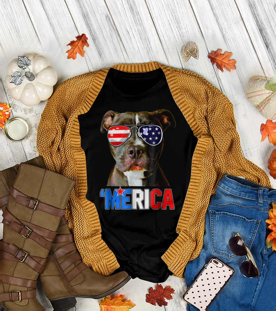 'Merica Pitbull with American Flag Sunglasses Memorial Day Patriotic T-Shirt
