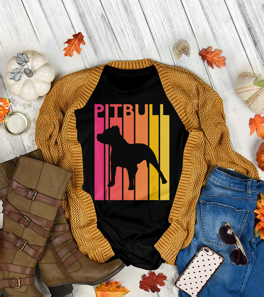 Pitbull Vintage Dog Silhouette Retro Stripes T-Shirt