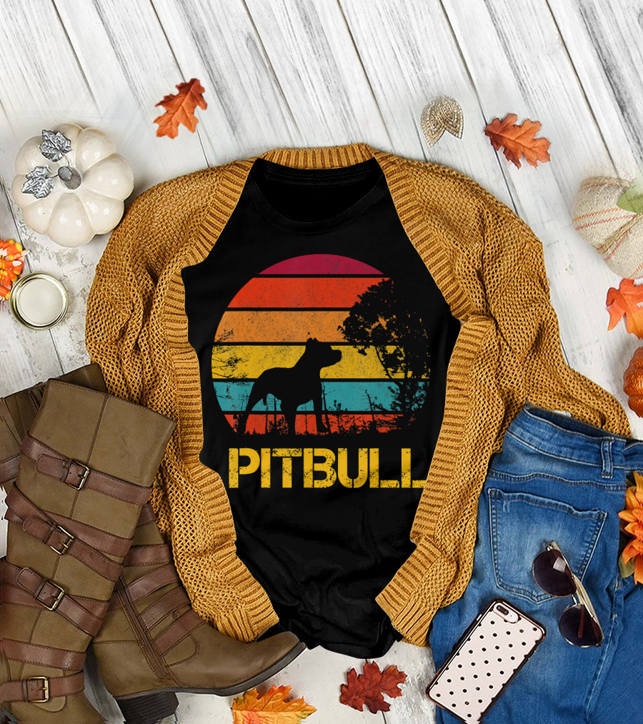 Pitbull Lovely For Dogs Retro Sunset T-Shirt