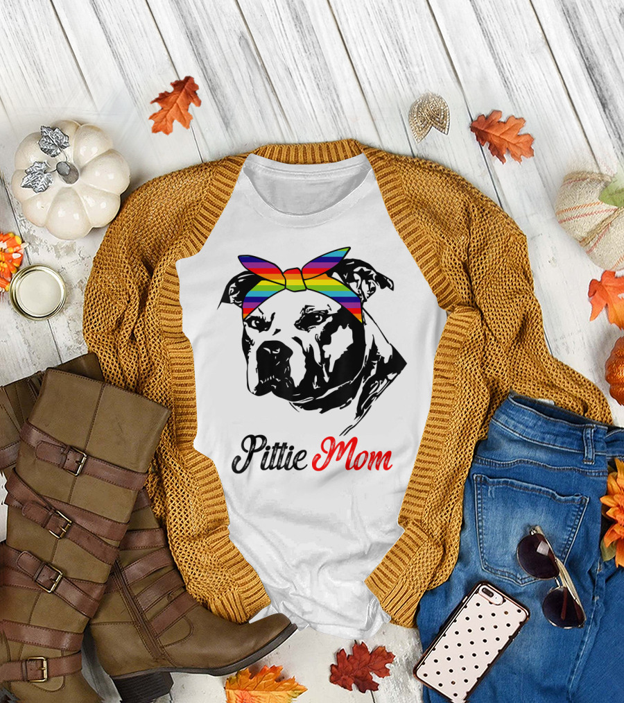 Pittie Mom Pit Bull with Rainbow Bandana T-Shirt