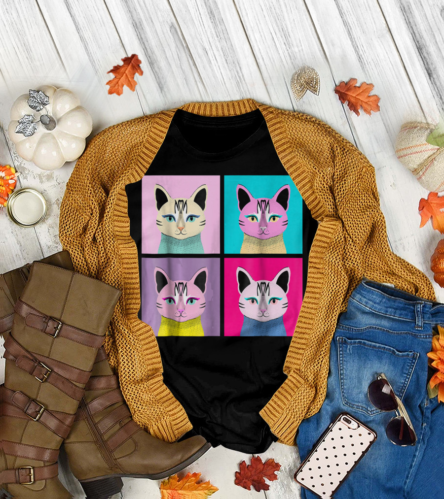 Pop Art Cat Illustrated Colorful Squares T-Shirt
