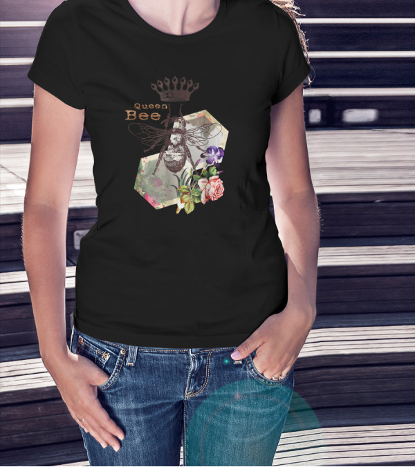 Queen Bee Floral Vintage Nostalgic Design With Crown And Flowers T-Shirt