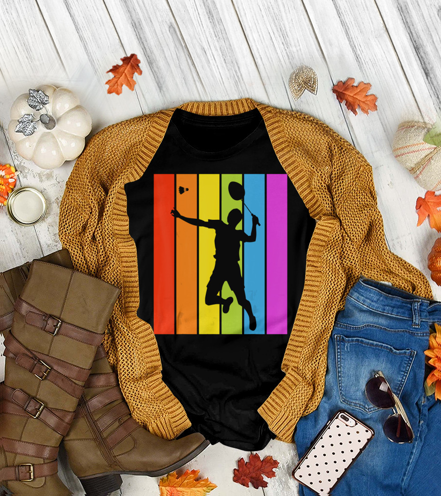 Rainbow Badminton Player Silhouette with Shuttlecock Sport T-Shirt