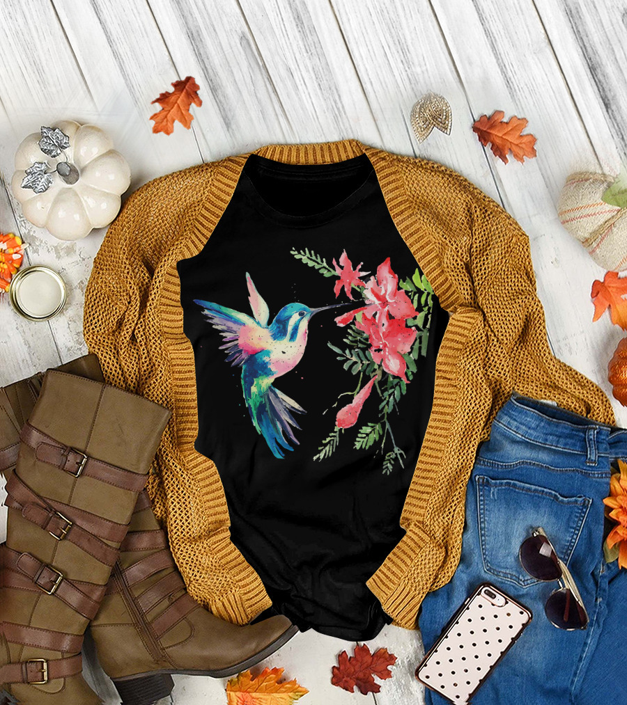 Rainbow Color Hummingbird with Flowers for Funny Bird Lover T-Shirt
