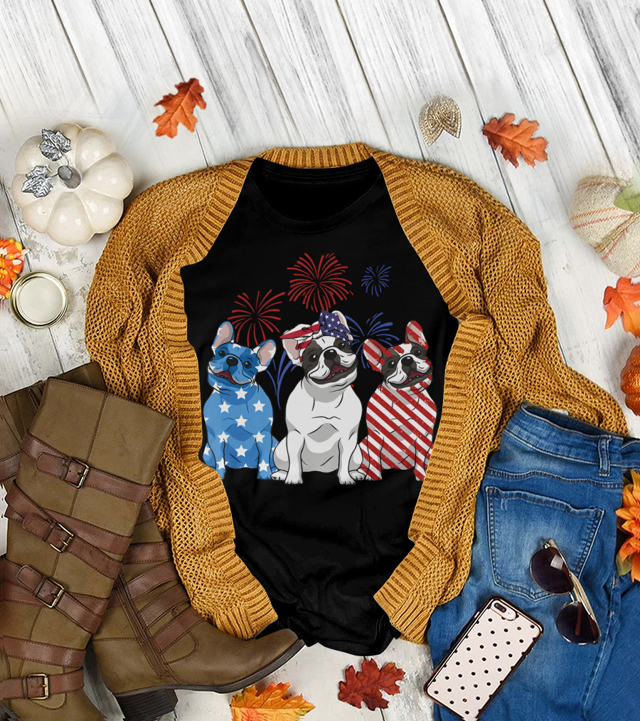 Red White Blue French Bulldog USA Flag Fireworks T-Shirt