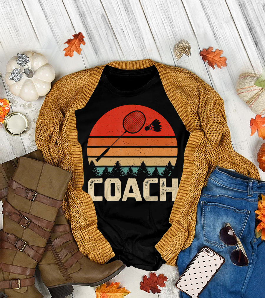 Retro Badminton Racket Shuttlecock Coach Sunset T-Shirt