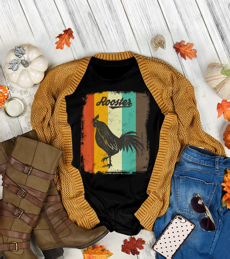 Rooster 70s Vintage Bird Retro Stripes T-Shirt