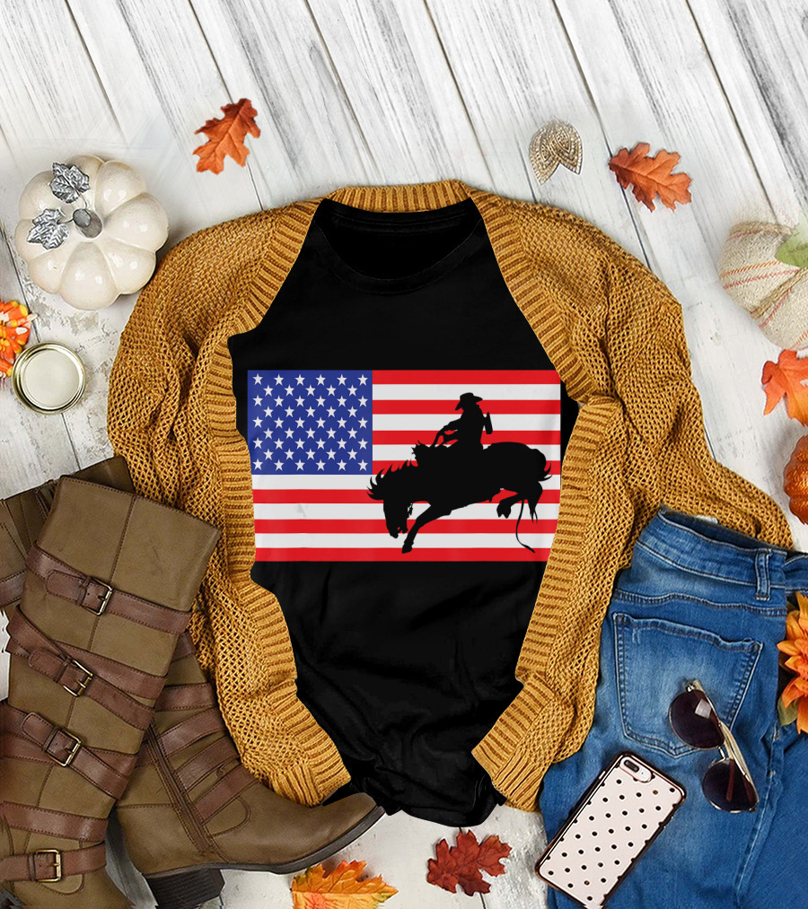 Rodeo USA American Flag Bull Rider Cowboy T-Shirt