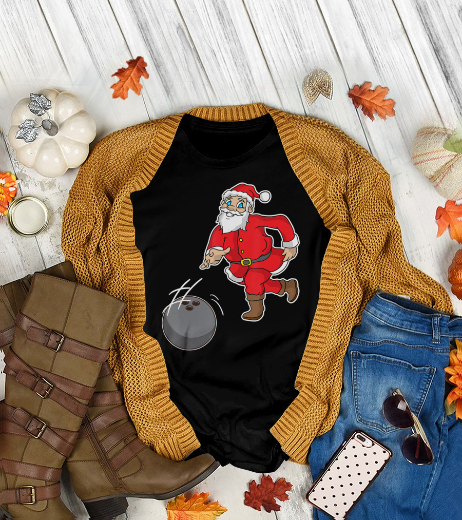Santa Claus Bowling Action Holiday Fun T-Shirt