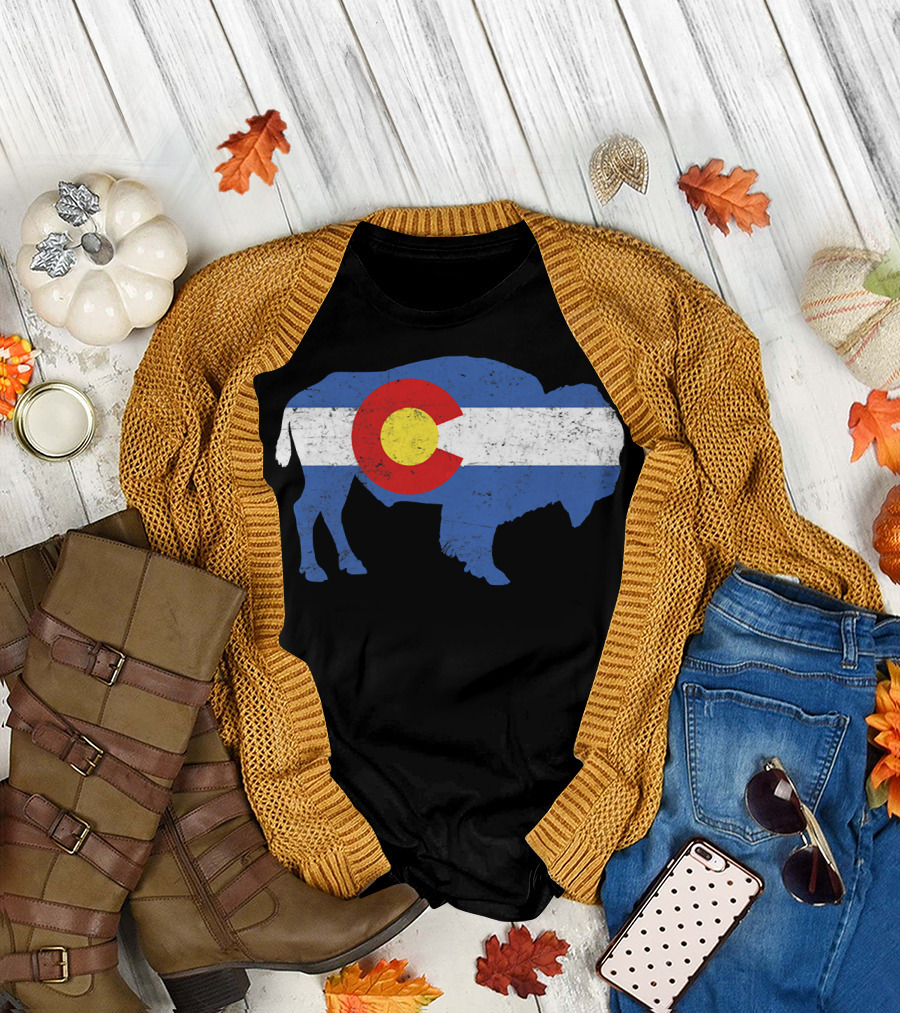 State Flag of Colorado Bison Silhouette Featuring Iconic C T-Shirt