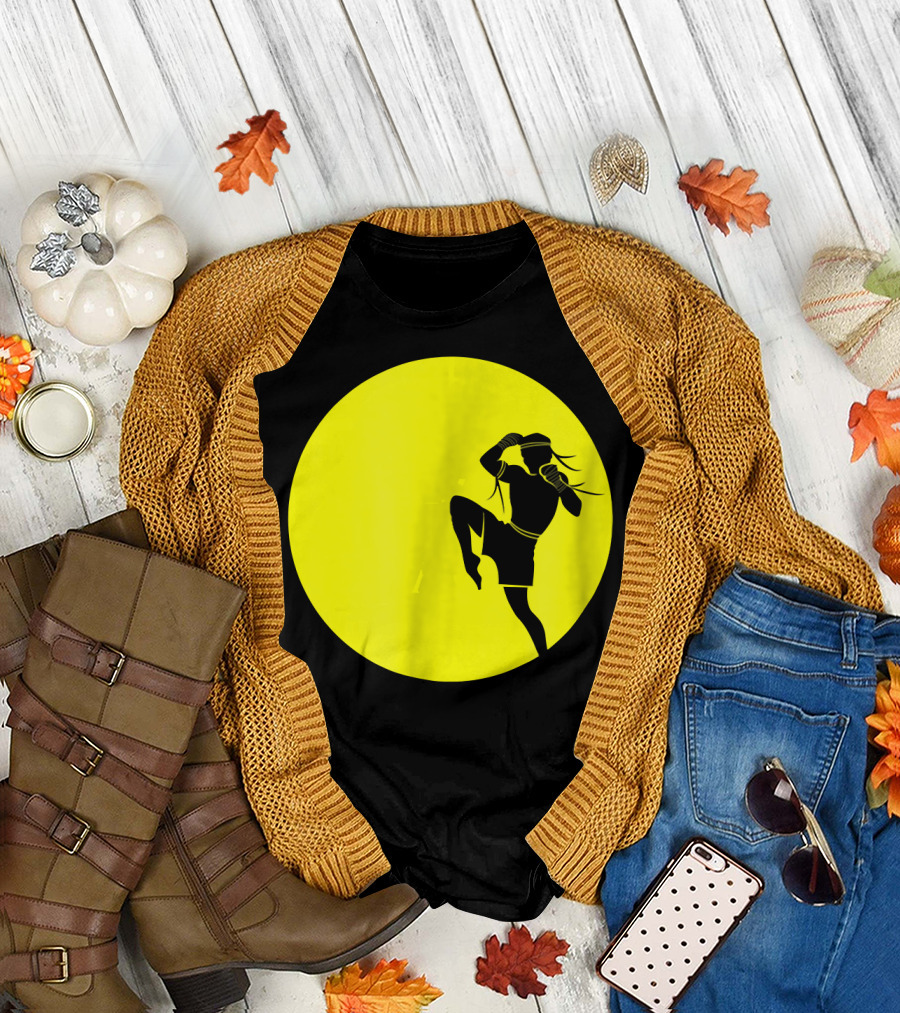Thai Boxing Silhouette Flying Knee Full Moon Combat Move T-Shirt