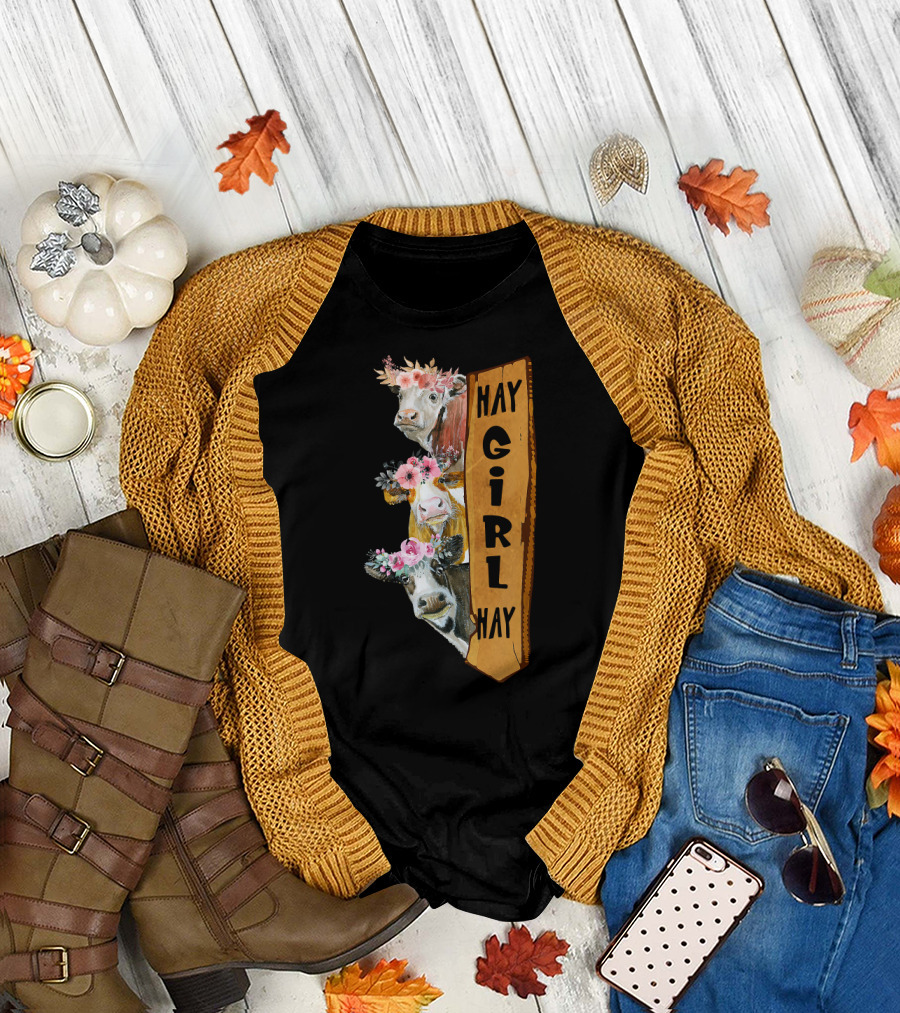 Funny Cow Lovers Hay Girl Hay Cow Trio with Flowers T-Shirt