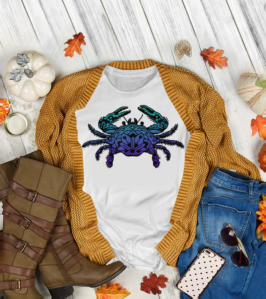 Jewel Tone Blue Crab Tribal Lines T-Shirt