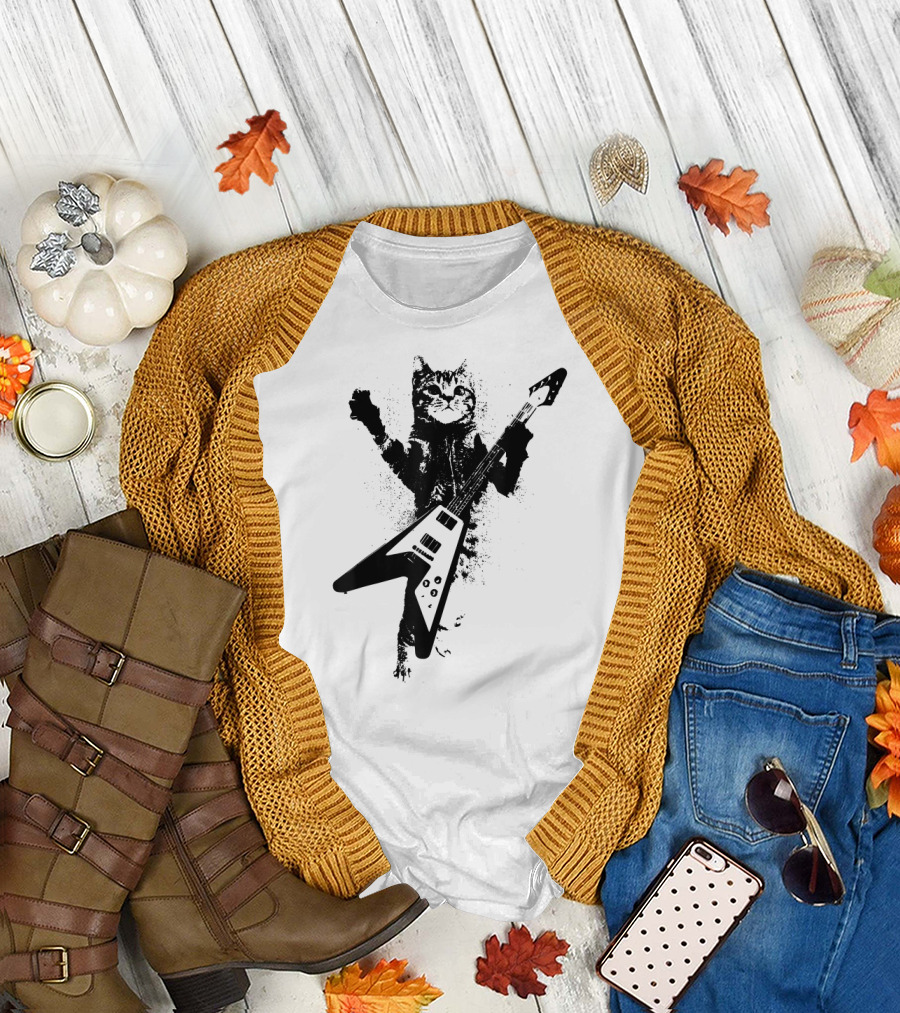 Punk Rockstar Kitty with Guitar T-Shirt