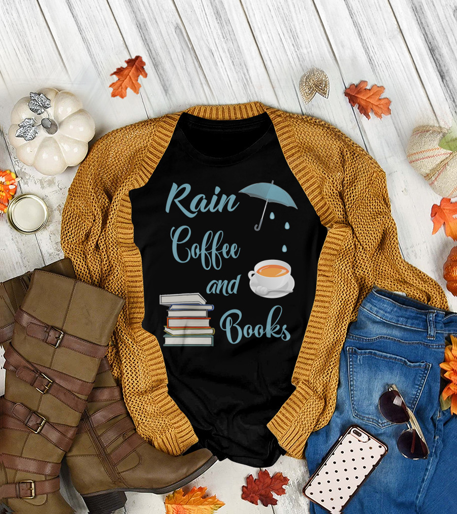 Rain Coffee and Books Umbrella Cup Stack T-Shirt