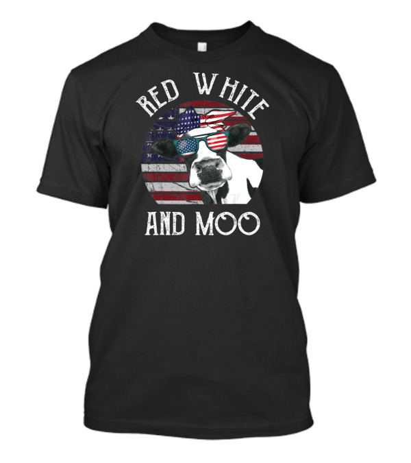 Red White And Moo Patriotic Cow US Flag Sunglasses Bandana T-Shirt