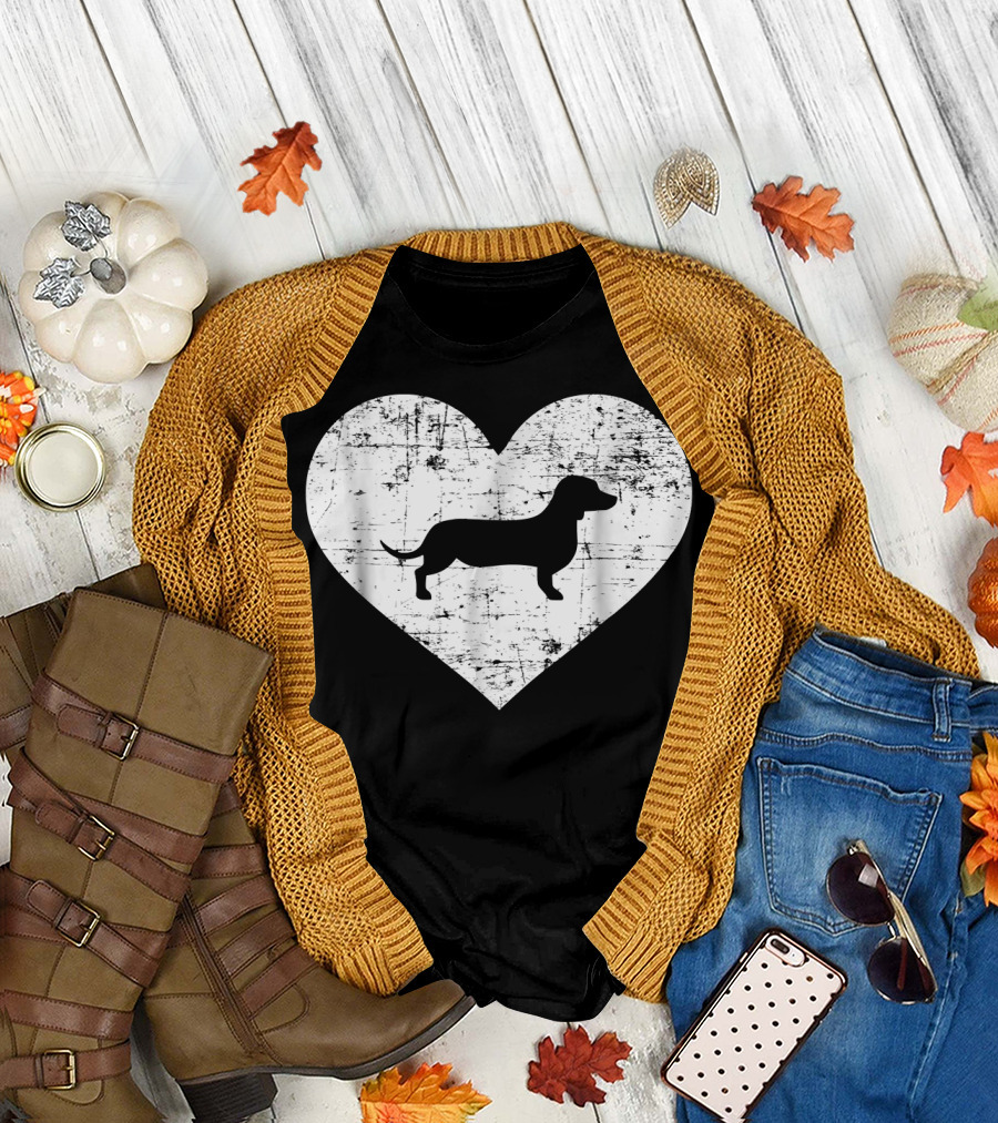 Distressed Dachshund Inside Heart Shape T-Shirt