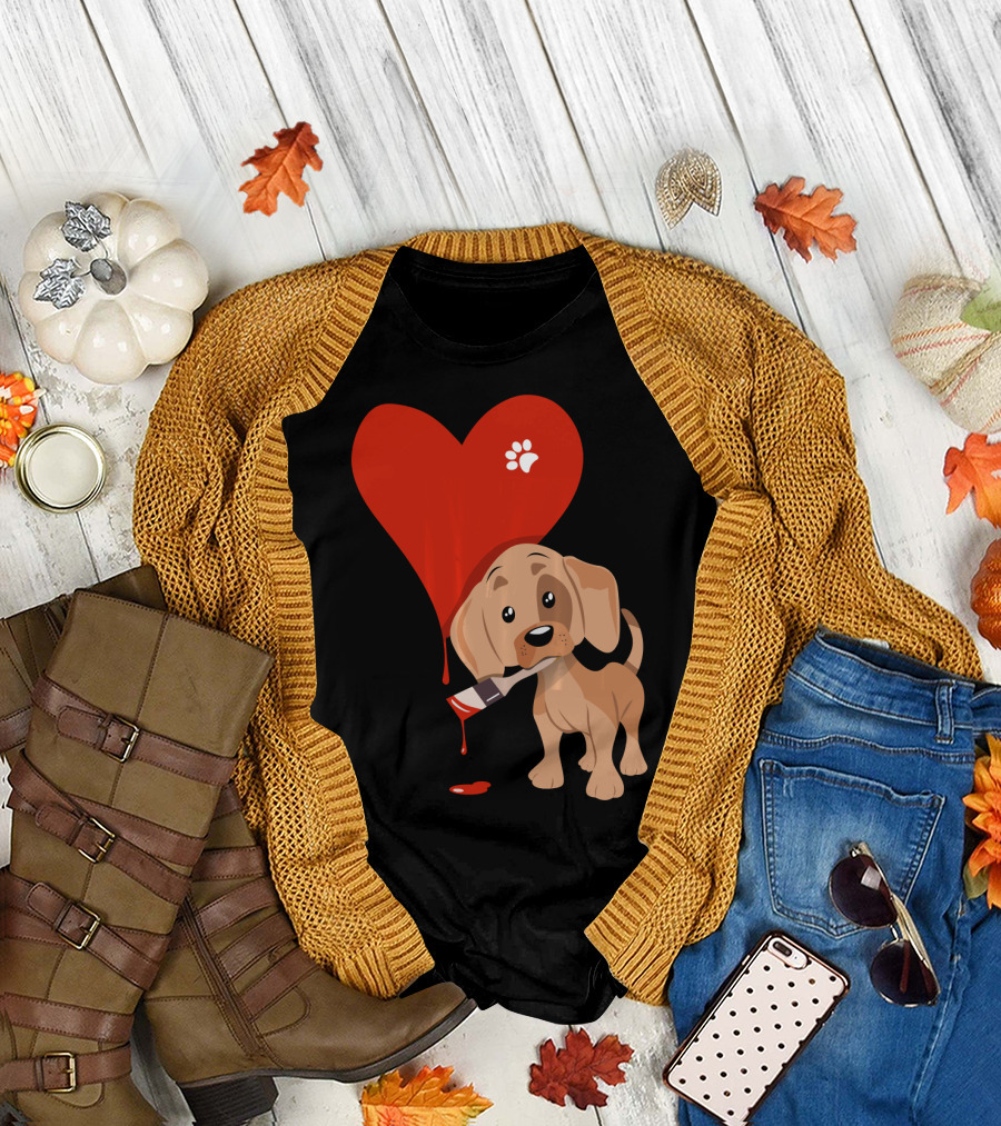 Valentines Day Cute Dog with Red Painted Heart and Paw Prints T-Shirt