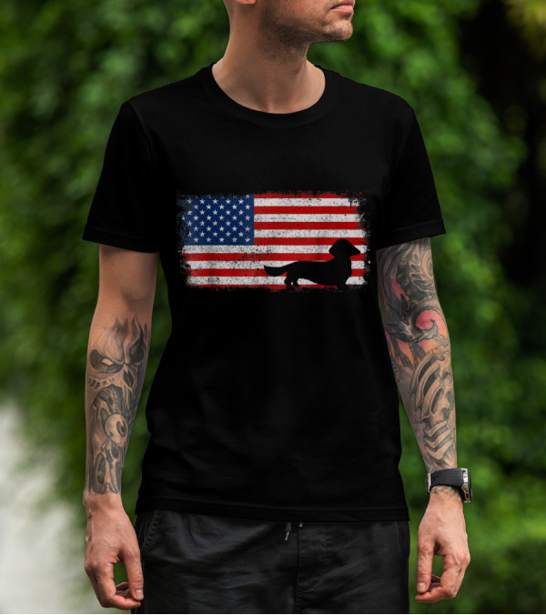 DACHSHUND LONG HAIR Silhouette American Flag T-Shirt