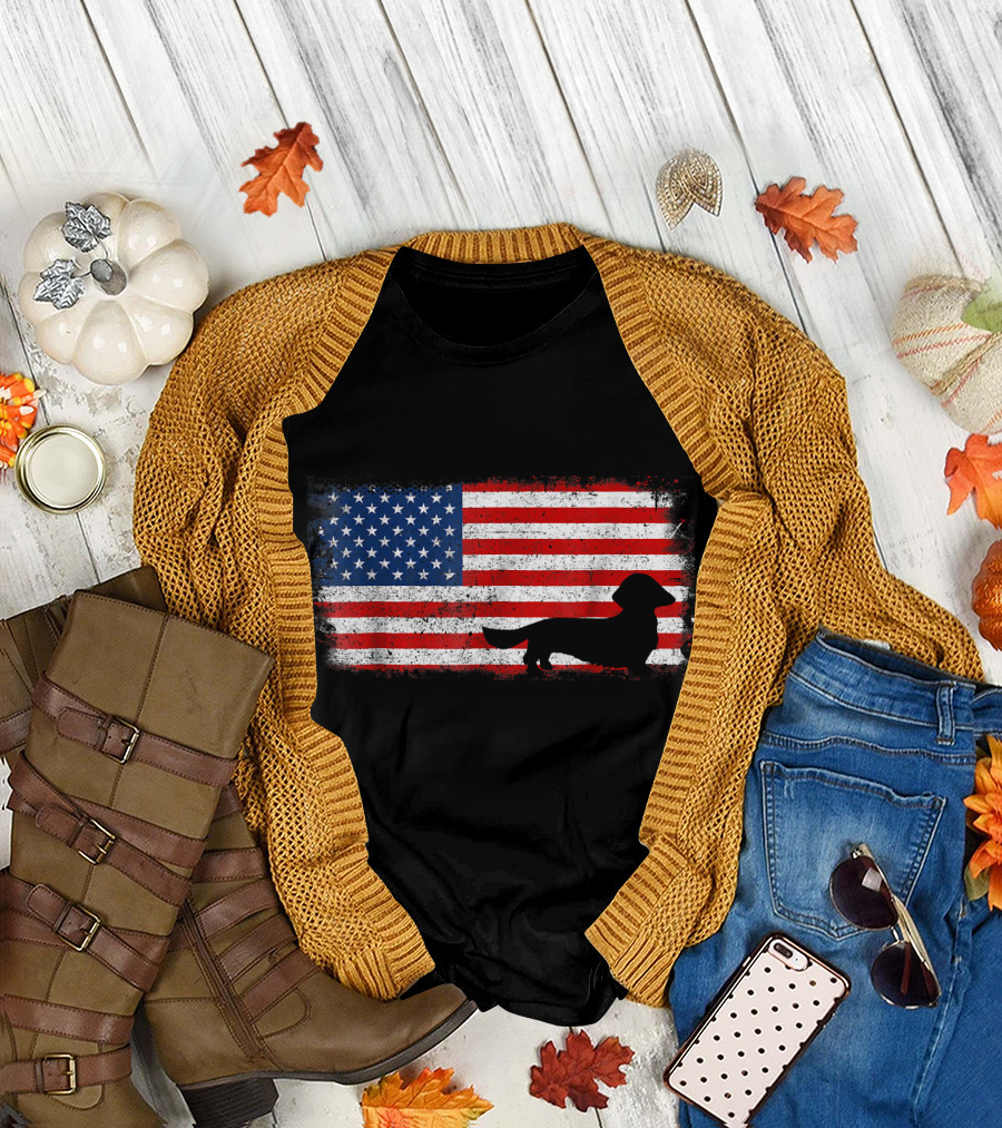 DACHSHUND LONG HAIR Silhouette American Flag T-Shirt