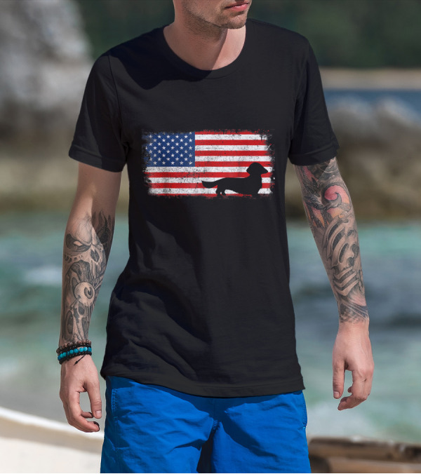 DACHSHUND LONG HAIR Silhouette American Flag T-Shirt