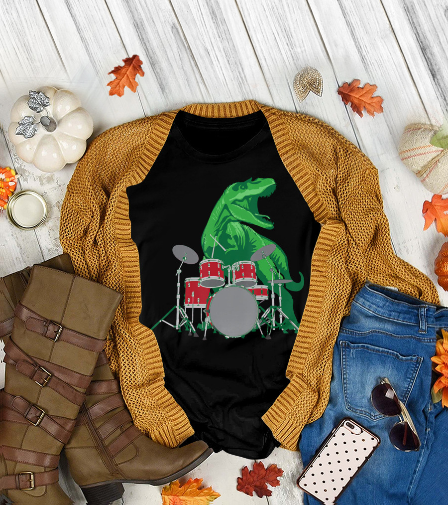Cool Dinosaur Drummer with Red Drum Kit T-Shirt