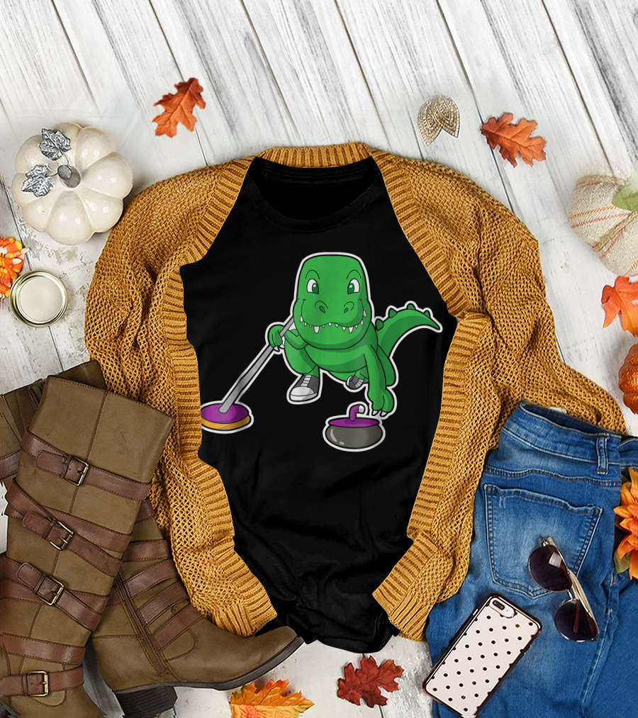 Curling Dinosaur Rex with Broom and Stone T-Shirt
