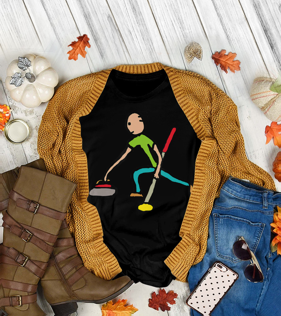 Curling Player Illustration with Broom and Stone T-Shirt
