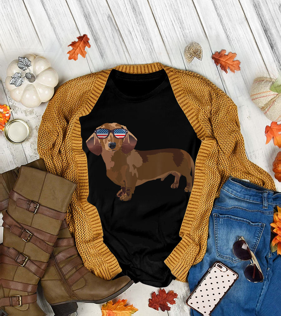Dachshund Wearing American Flag Sunglasses Funny Dachshund Lover T-Shirt