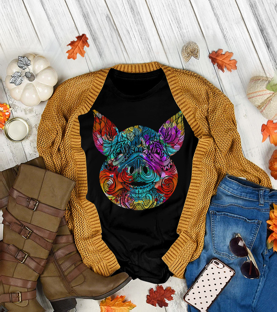 Colorful Intricate Farm Animal Lover Pig T-Shirt
