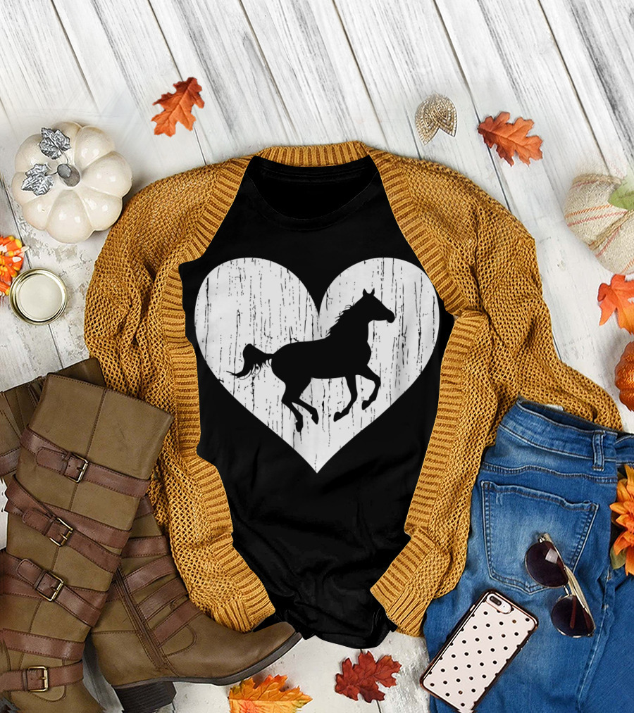 Equestrian Lovers Distressed Horse Silhouette Heart T-Shirt