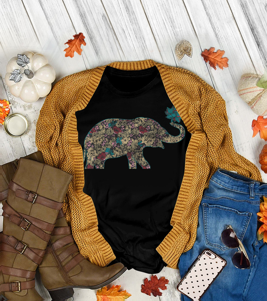 Floral Pattern Elephant Botanical Design with Colorful Floral Elements T-Shirt