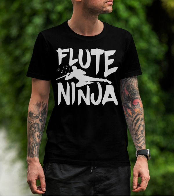 Flute Ninja Musician Silhouette Playing Instrument With Notes T-Shirt