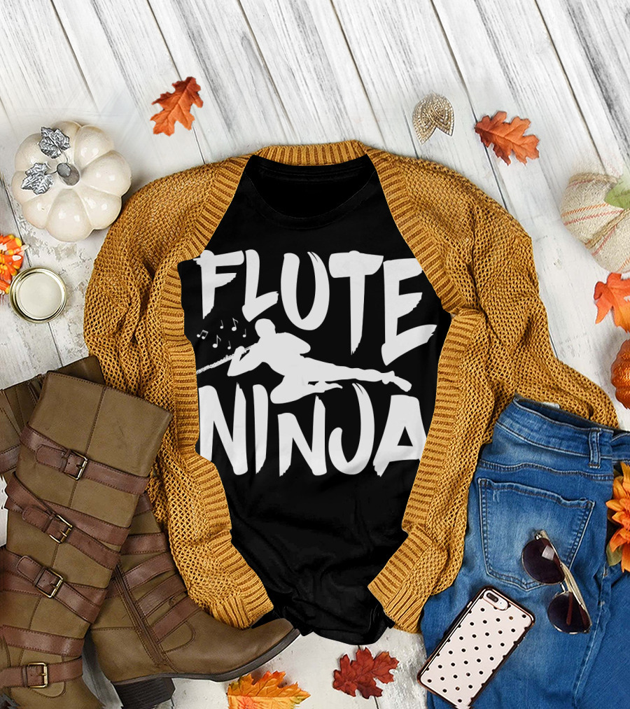 Flute Ninja Musician Silhouette Playing Instrument with Notes T-Shirt