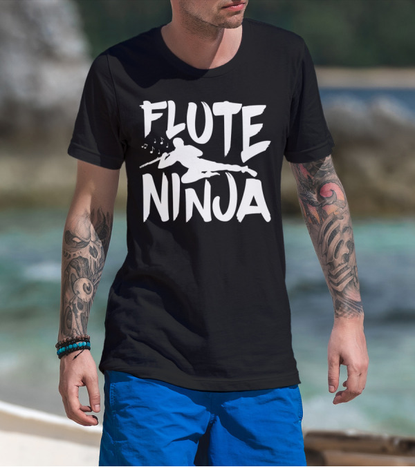 Flute Ninja Musician Silhouette Playing Instrument With Notes T-Shirt