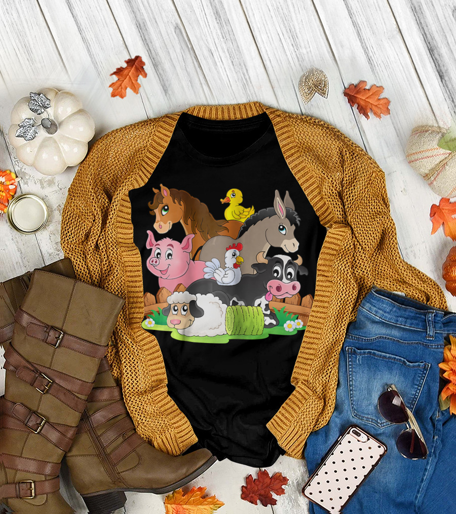 Funny Farm Animals Cartoon Horse Duck Donkey Pig Chicken Cow Sheep T-Shirt