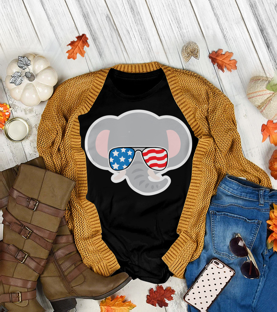 July 4th USA Elephant with American Flag Sunglasses T-Shirt