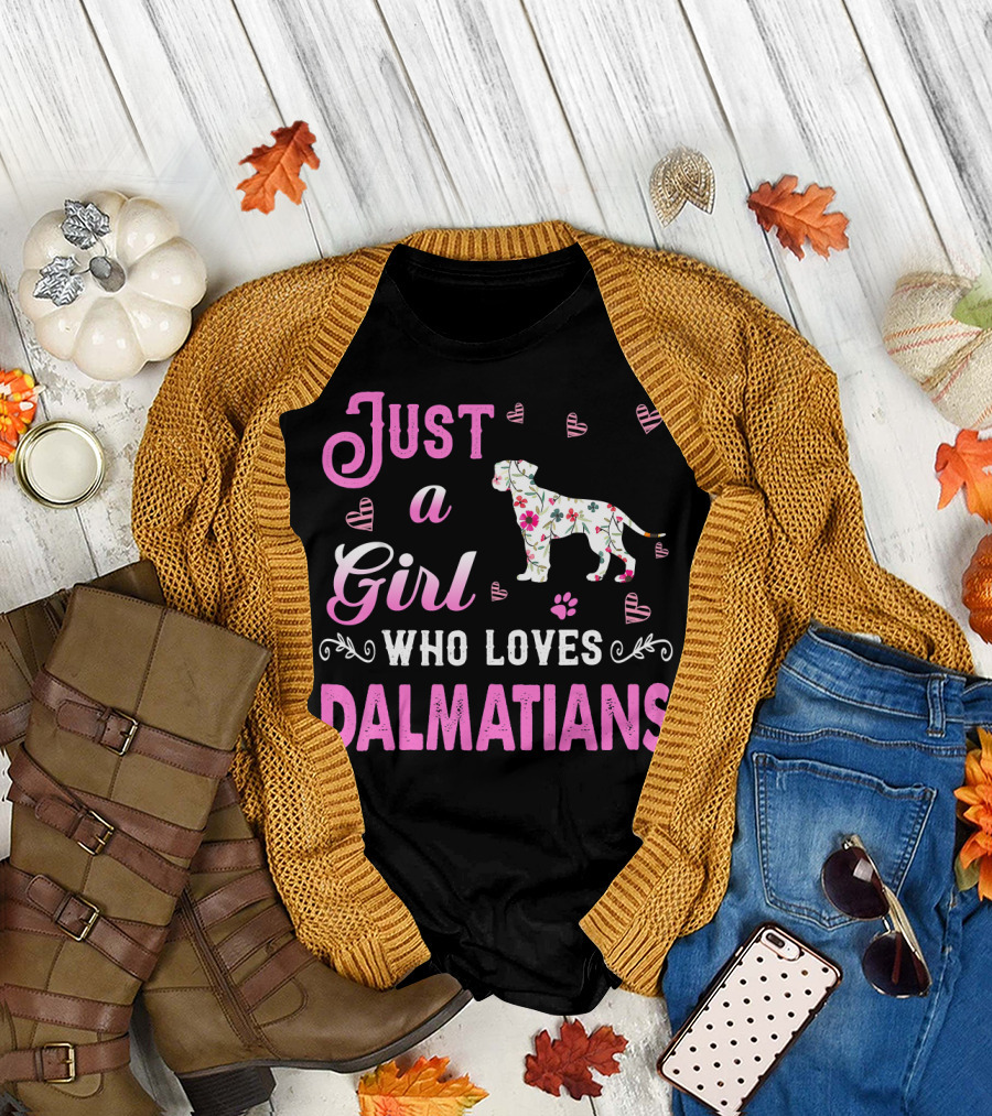 Just a Girl Who Loves Dalmatians Floral Dog Heart Pawprints T-Shirt