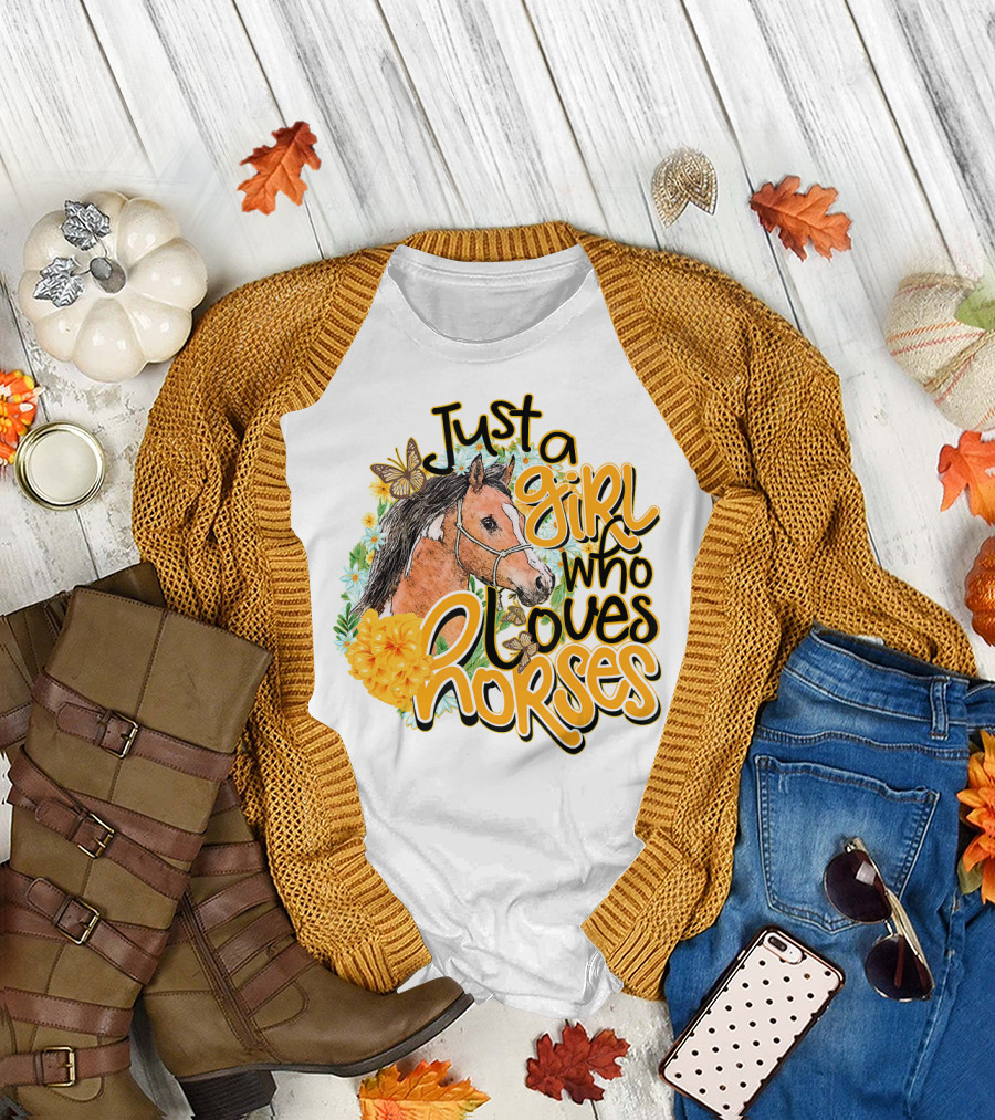 Just A Girl Who Loves Horses with Floral and Butterfly Accents T-Shirt