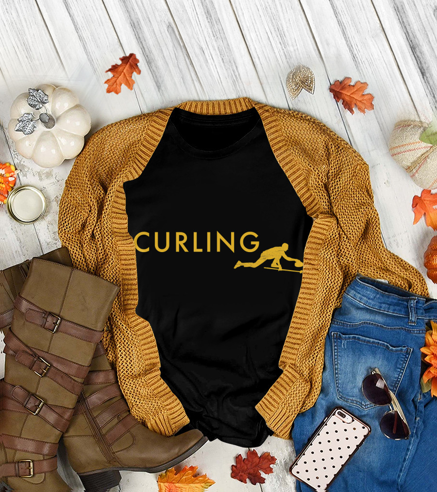 Gold Curling Enthusiast Player Icon with Curling Stone T-Shirt