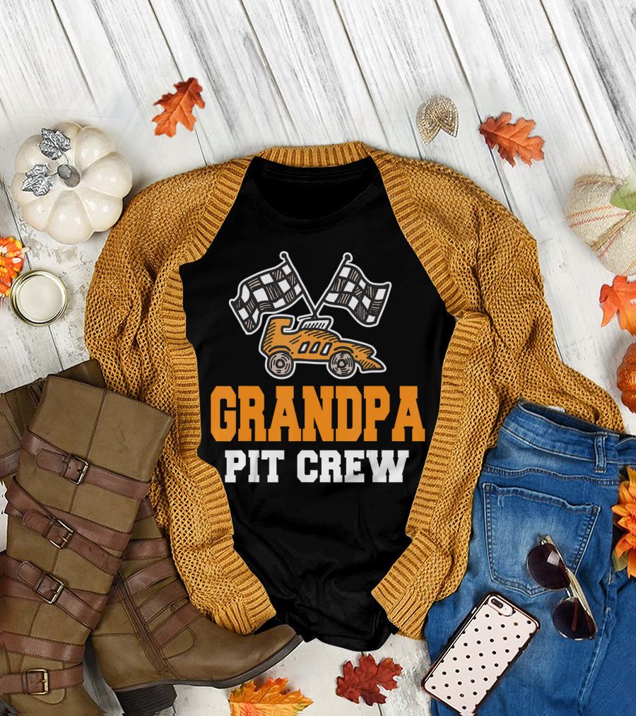 Grandpa Pit Crew Racing Car Checkered Flags T-Shirt