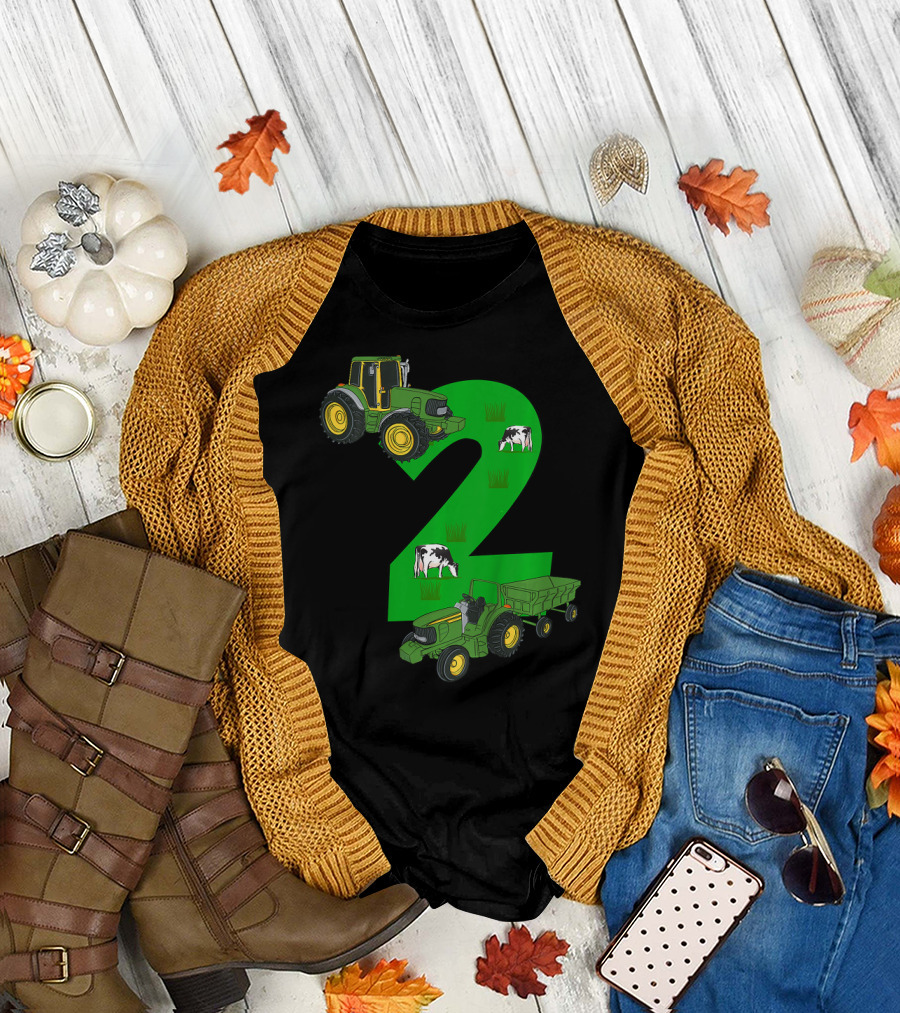 Kids 2nd Birthday Boys Tractor Farmer Green Number Two with Cows and Grass T-Shirt