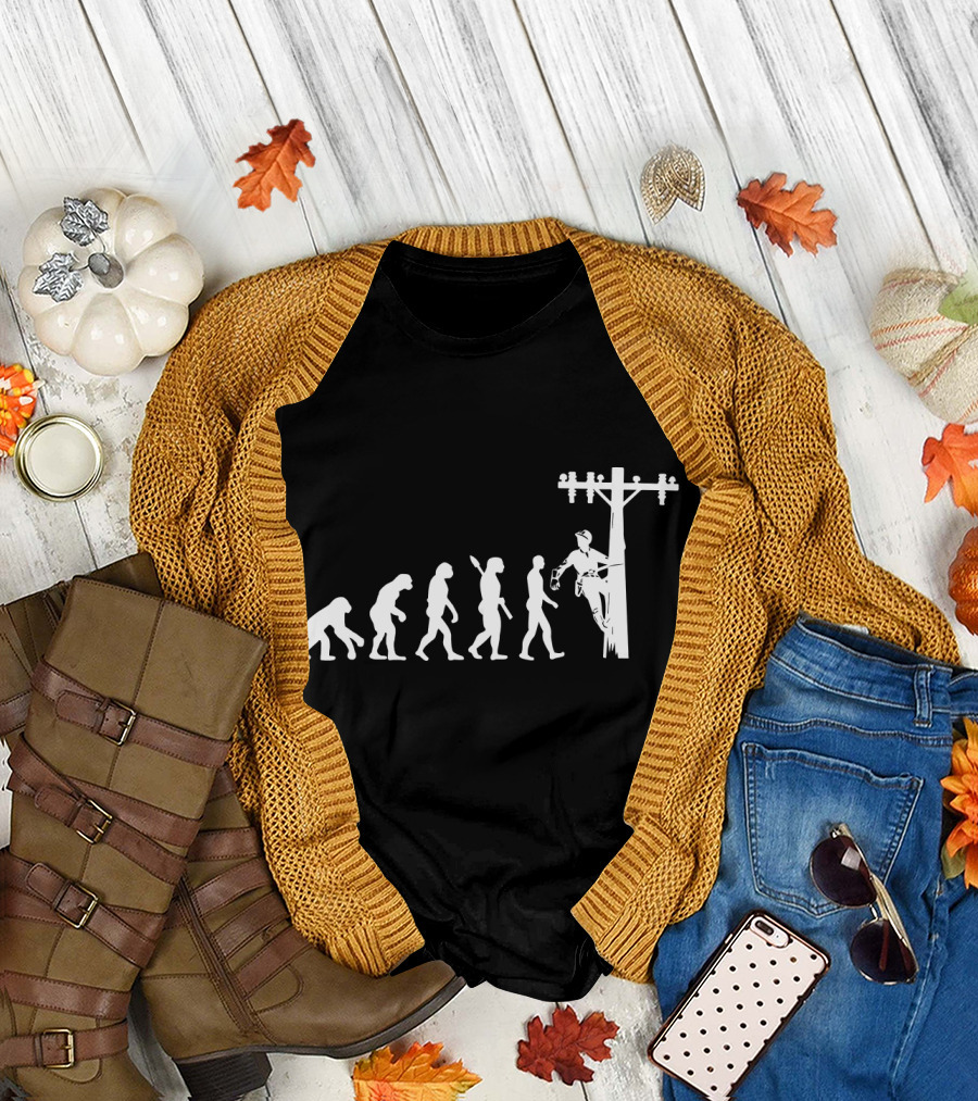 Lineman Electrician Evolution Climbing Utility Pole Stages T-Shirt