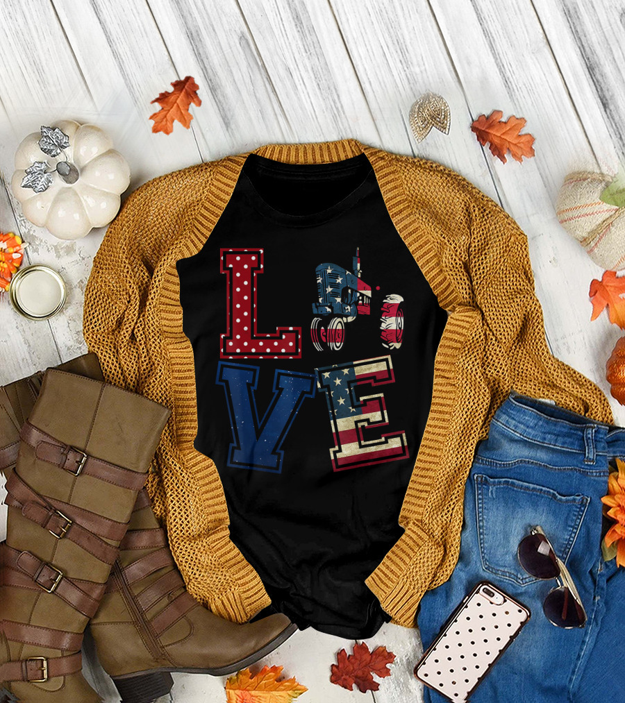 LOVE American Flag Tractor Theme T-Shirt