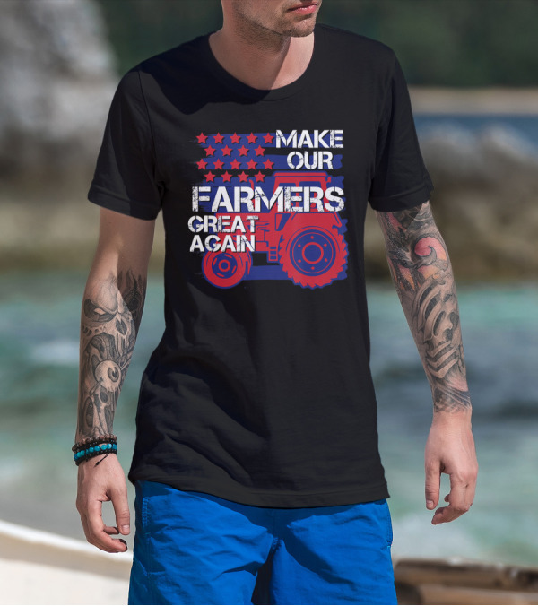 Make Our Farmers Great Again Tractor Stars Stripes Red Blue T-Shirt