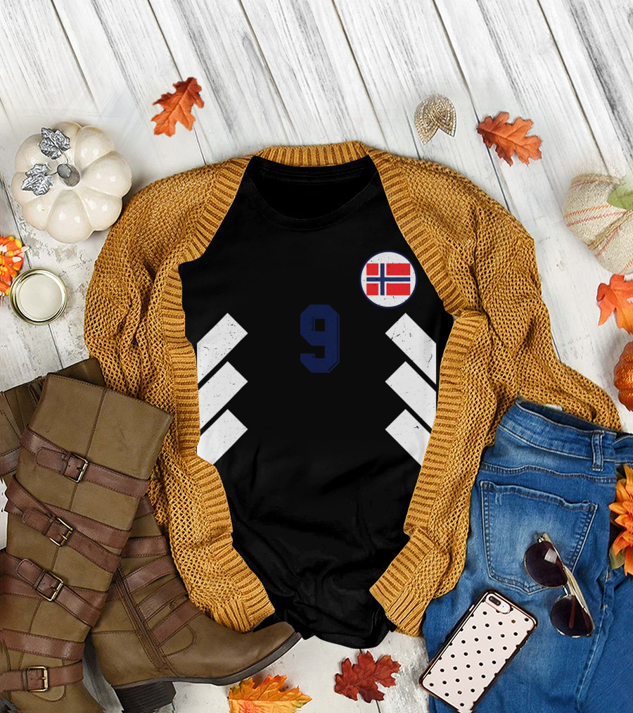 Norway Football Soccer Jersey Norge Number 9 with Flag and Chevron T-Shirt